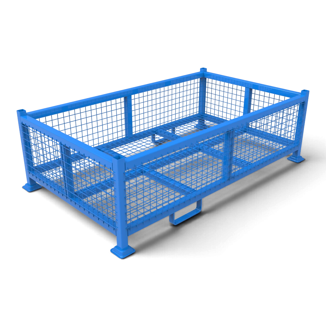 Gitterbox schwer aus Stahl – verschweißter Rahmen aus Formrohr 50x50 mit Gitterboden, Tellerfüße für sichere Stapelung. Für Lager, Transport und Außenbereich.